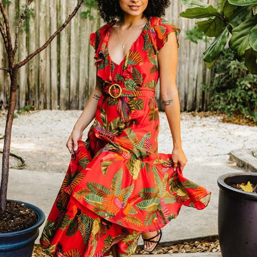 Farm Rio Red Forest Birds Tropical Midi Dress Size Large Belted V neck